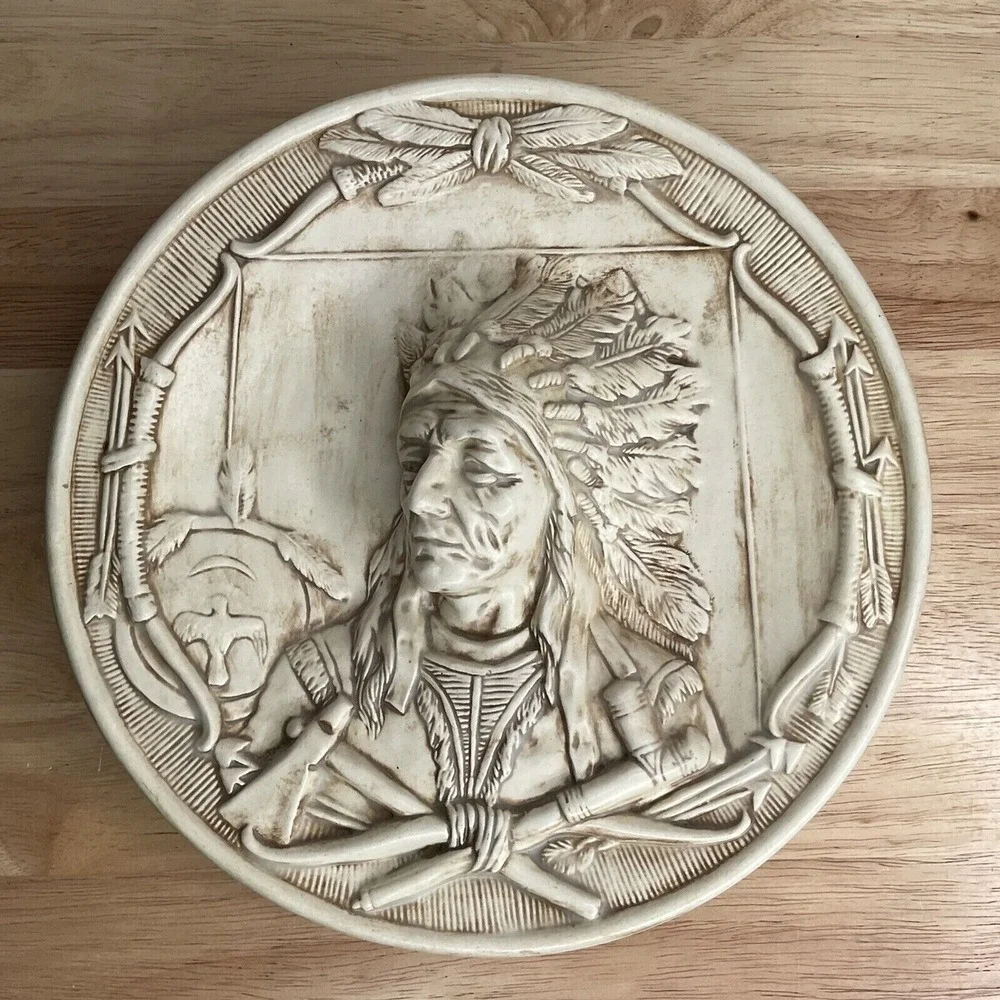 VTG Handmade Native American‎ Indian Chief Plaque 3D Ceramic Plate Wall Decor 9